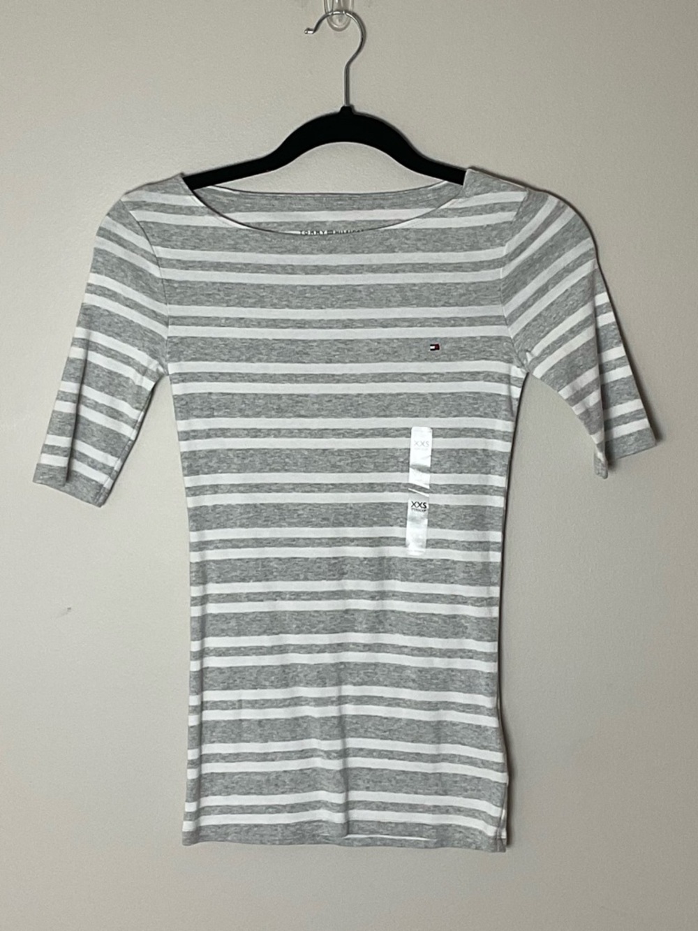 Tommy Hilfiger NWT XXS Gray & White Striped Short Sleeve Boatneck Top Y2K Preppy